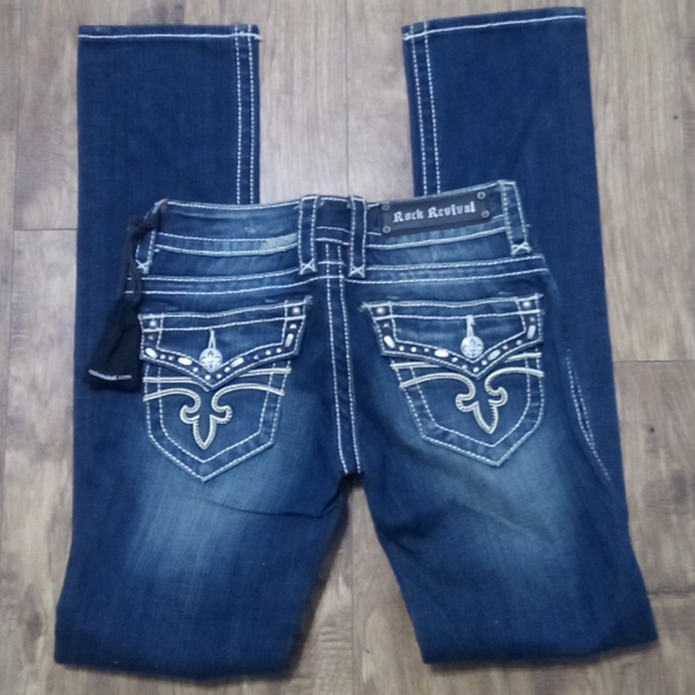 Rock Revival Women's 26 Straight Jen Embellished Faux Leather Flap Pockets NWT